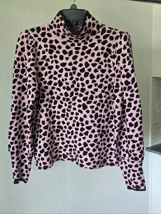 Ann Taylor Sweaters - Ann Taylor Pink Black Animal Print Turtleneck Sweater Medium Puff Sleeve Knit